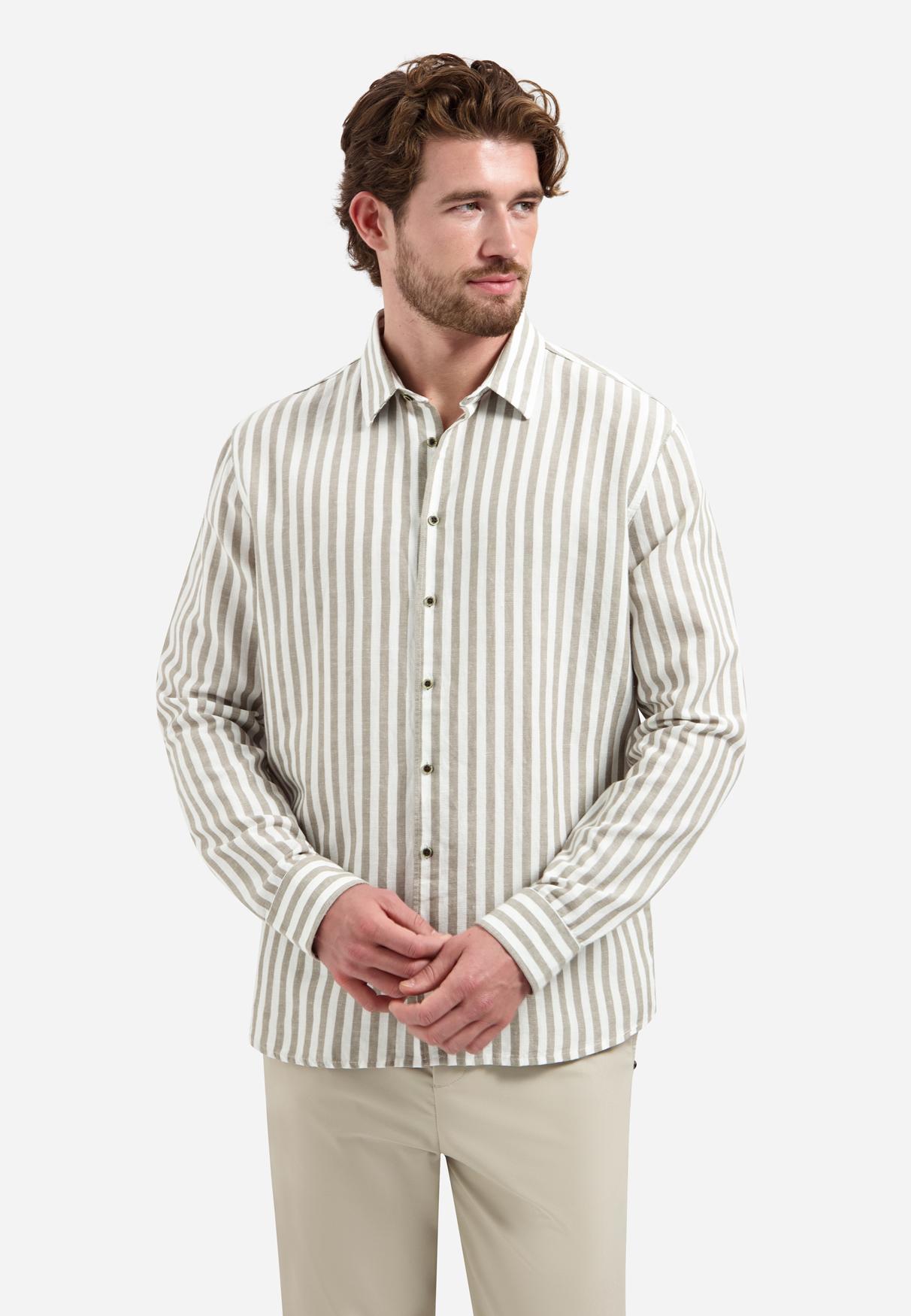 Shirt Vertical Big Stripe With Linen M Regular Fit - Taupe