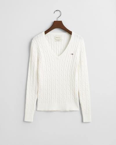Zopfstrick V-Neck Pullover aus Stretch-Baumwolle S - Eggshell
