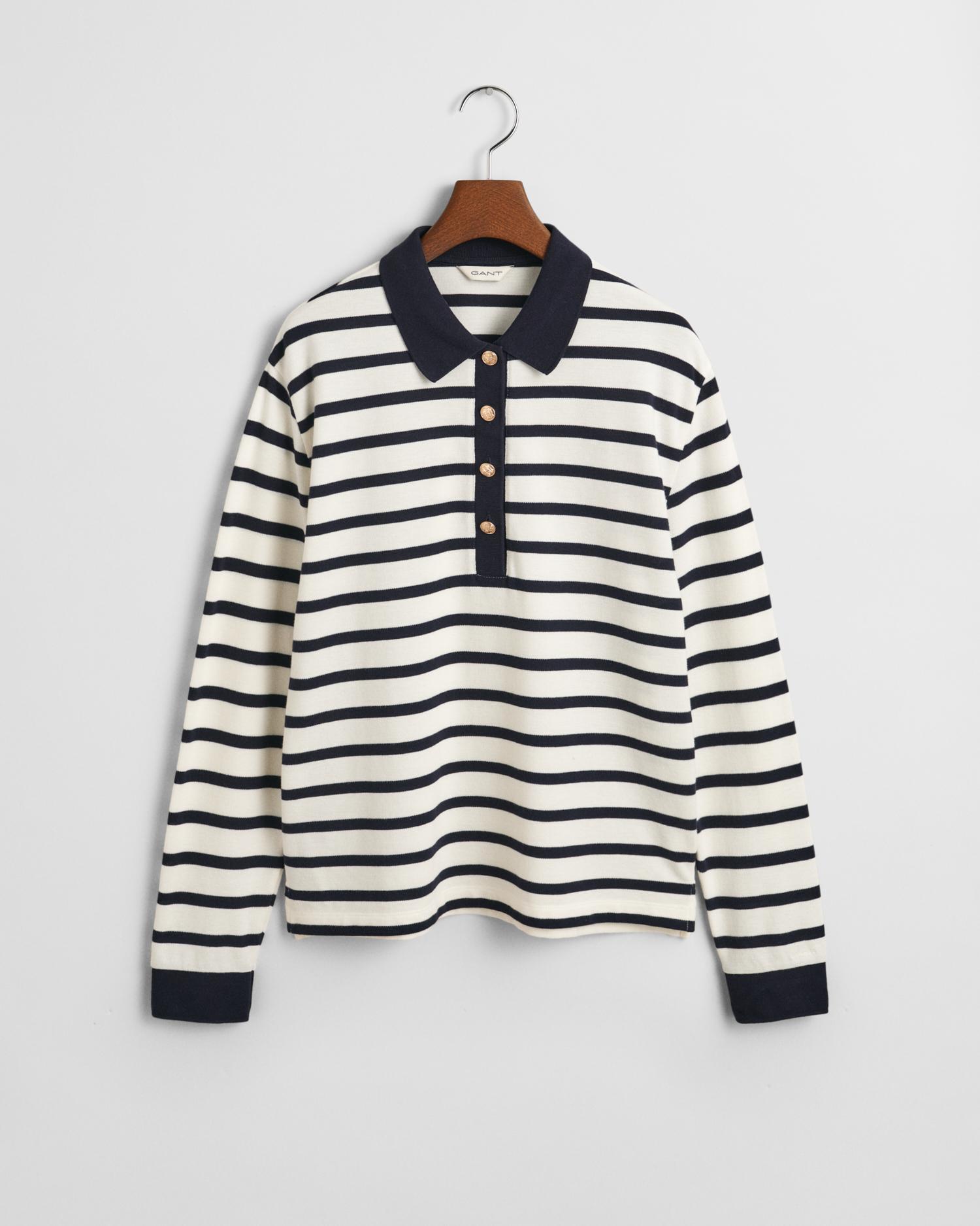 Breton Striped Piqué Langarm-Poloshirt XS - Cream