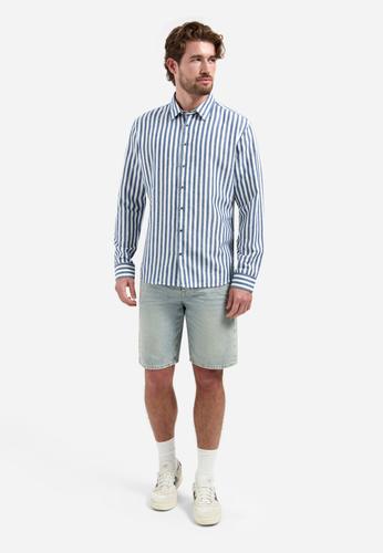 Shirt Vertical Big Stripe With Linen L Regular Fit - Indigo Blue