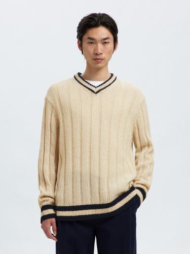 SLHROY LS KNIT RELAXED RIB V-NECK L Locker geschnitten - Egret