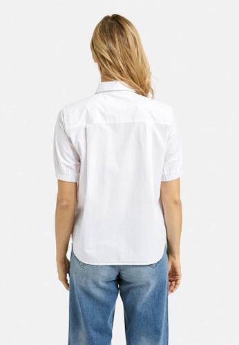 Blouse w collar, placket + bows at cf, 1/2 sleeve w elastic cuff Weiß 36