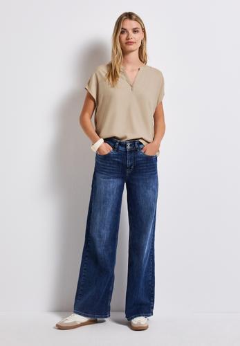 Split Neck Bluse in Unifarbe 36 - Coastal Beige