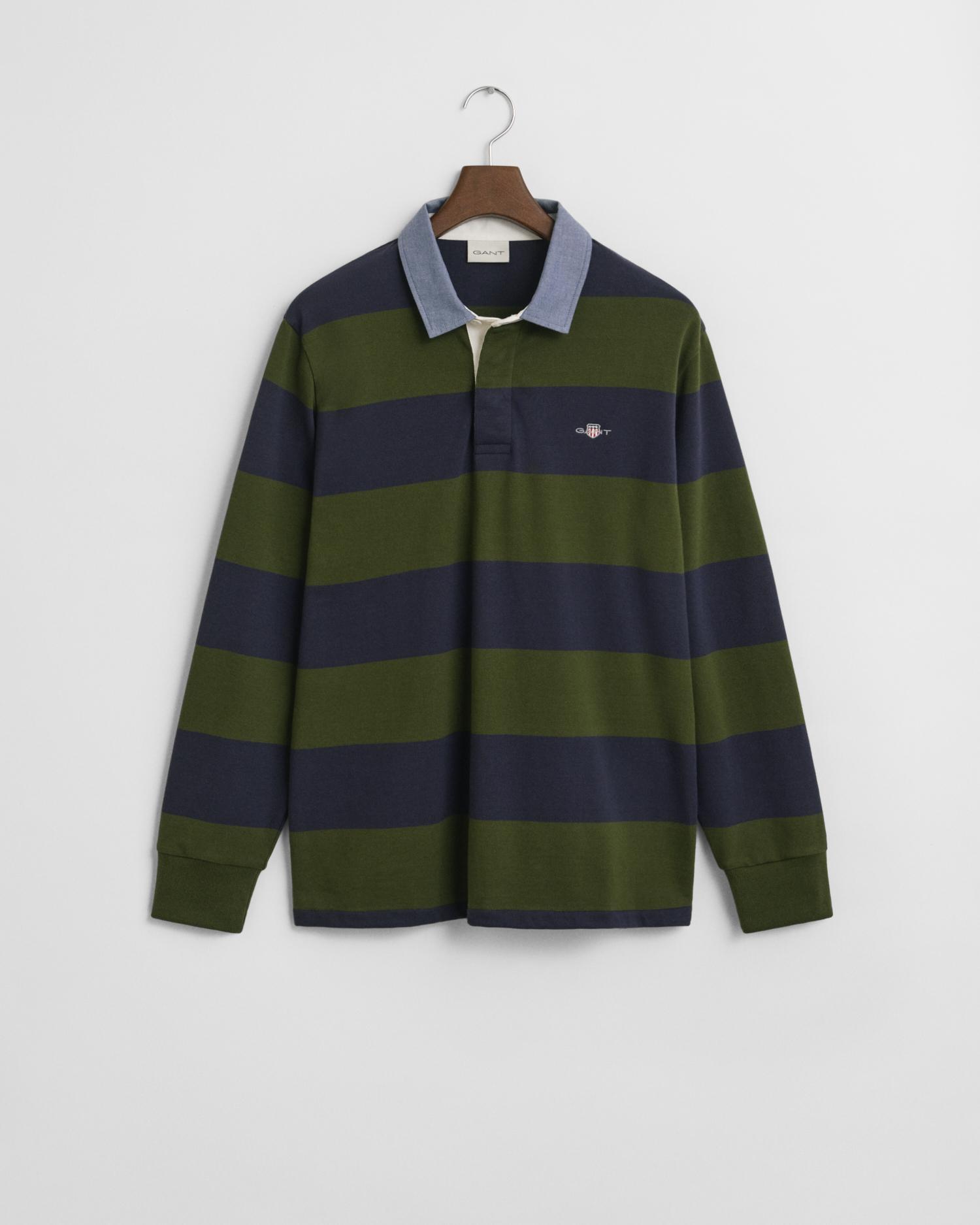Gestreiftes Heavy Rugger mit Chambray-Kragen M - Country Green