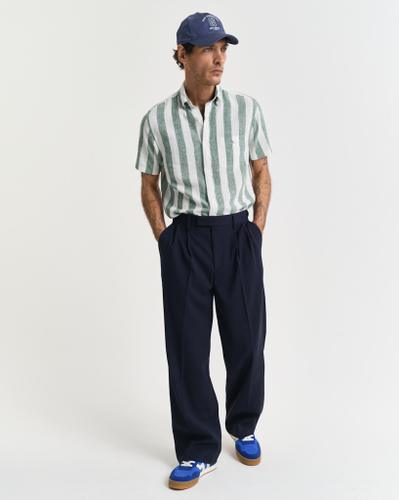 Regular Fit Baumwoll Leinen Kurzarmhemd mit Streifen Grün L