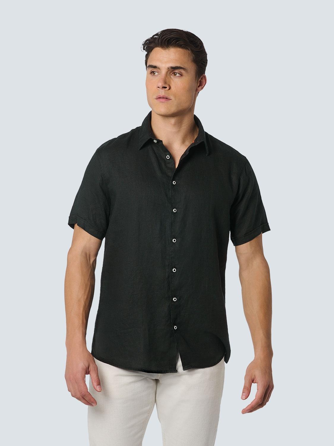 Shirt Short Sleeve Linen Solid Schwarz XXL