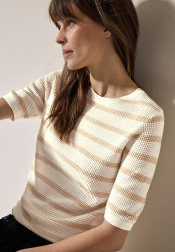 Gestreifter Strukturpullover L - Pearl Beige