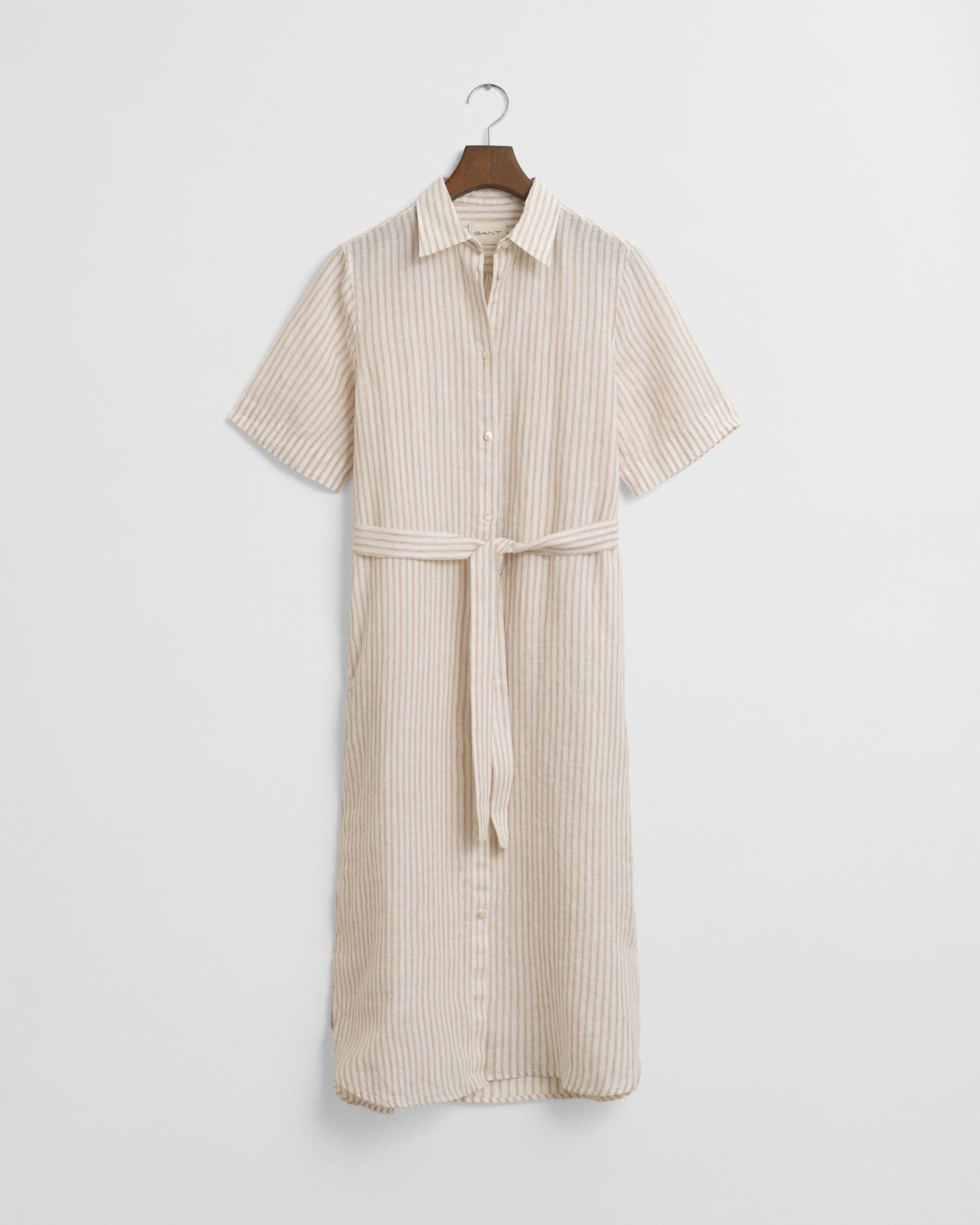 Gestreiftes Hemdblusenkleid aus Leinen 36 - Dry Sand