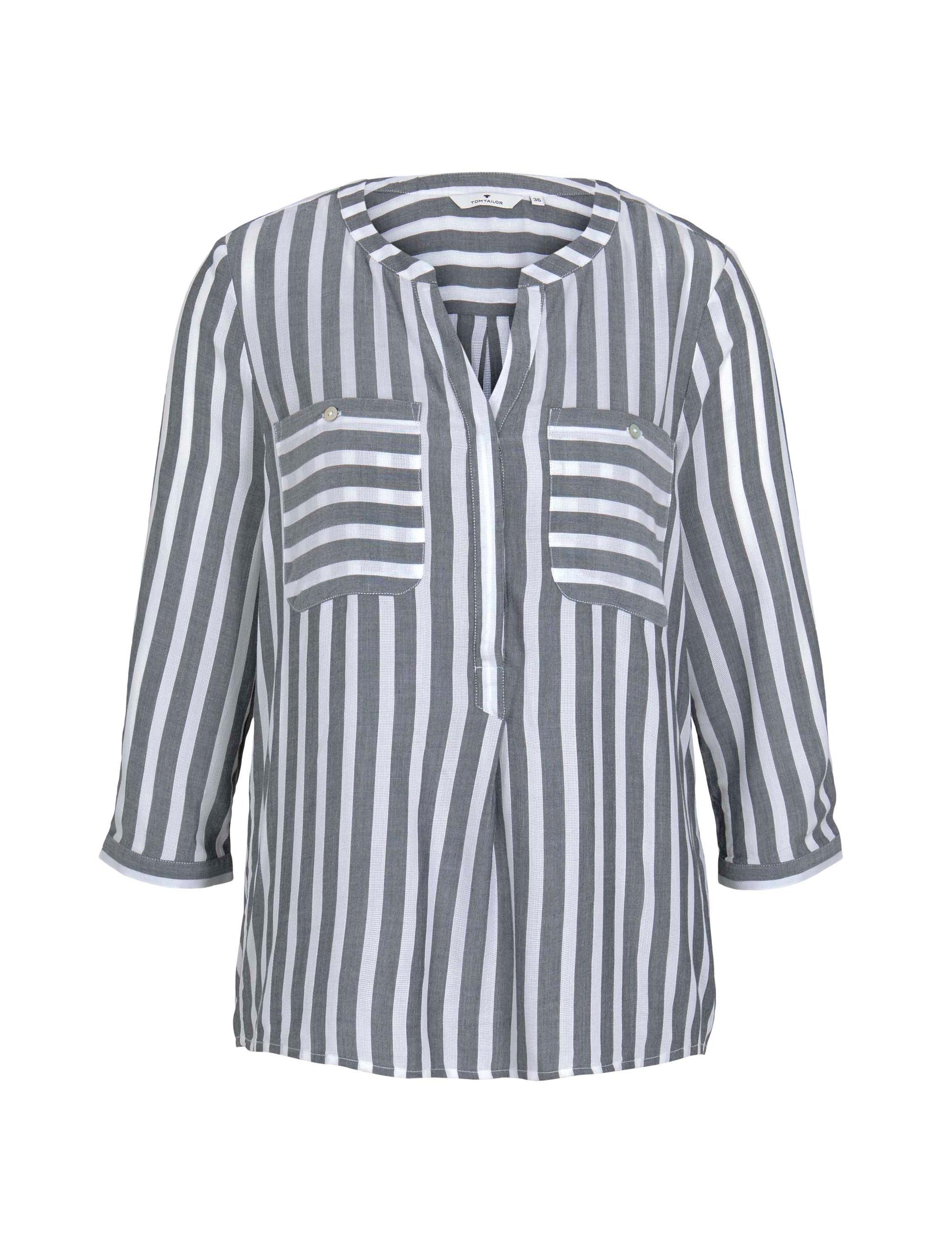 Gestreifte Bluse mit Taschen 36 Regular Fit - Offwhite Navy Vertical Stripe