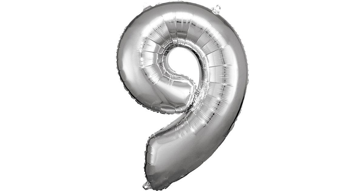 Super Shape Folienballon Silber, Zahlenballon 9, 63 x 86 cm silber