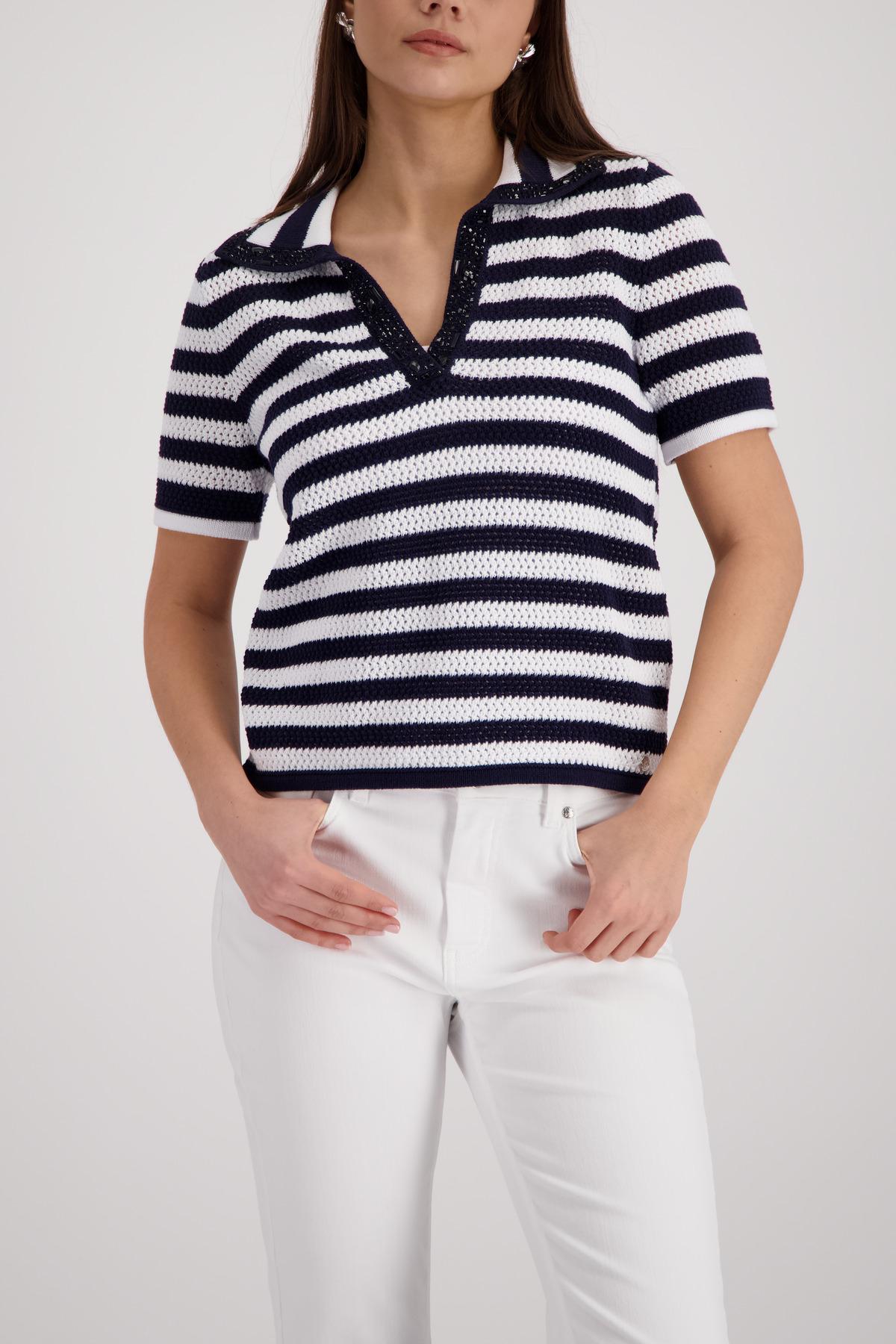 Ajour-Polo-Pullover mit Strasssteinen 36 - Marine Ringel
