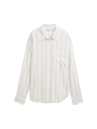 Oversized Hemd mit Leinenanteil XL Oversized Fit - White Olive Vertical Stripe