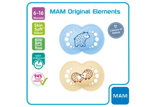MAM Original Elements, Silikon, 16+ Monate, Bär/Igel, 2er Set beige/blau