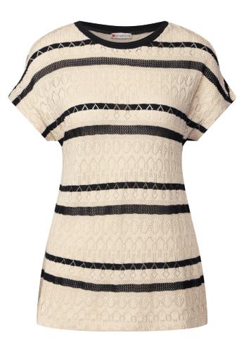 Ajour Shirt mit Streifen Beige 38