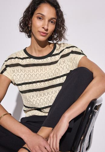 Ajour Shirt mit Streifen Beige 38