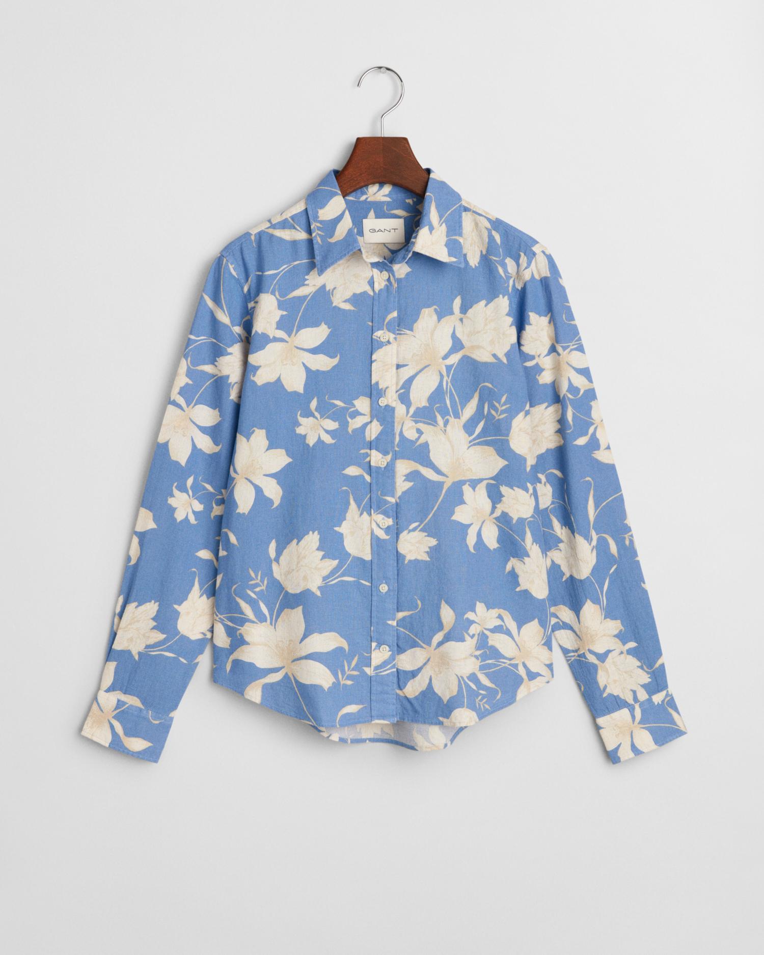 Regular Fit Leinen Bluse mit Blumen-Print 36 - Perfect Blue