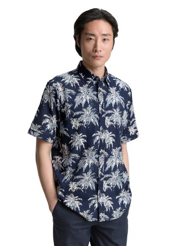 Regular Fit Kurzarmhemd mit Palmen-Print XXL Regular Fit - Navy Blue Stripe Palm Design