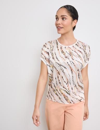 Blusenshirt mit Material-Patch 38 Bequeme Passform - Ecru/weiss/rot/orange Druck